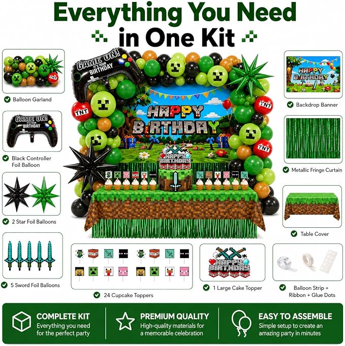 Pixel Game Birthday Party Decorations, “Game On” Pixel Theme Party Supplies Kit for Boys & Girls —131 Pcs Balloons, Backdrop, Curtain, Table Cover, Cake Toppers