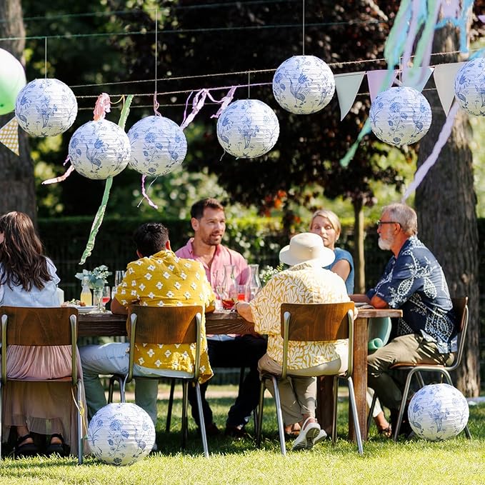 Honoson 12 Pcs Chinoiserie Paper Lanterns Blue and White Floral Chinoiserie Party Decorations Hanging 10 Inch Chinese Lanterns for Spring Wedding Bridal Shower Baby Shower Tea Party Decorations