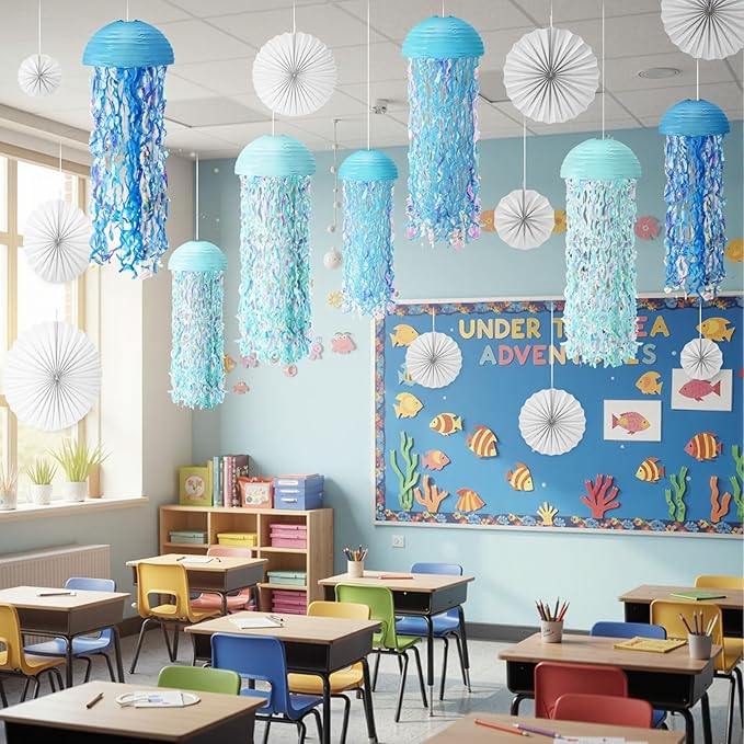 Teyva Daily 16 Pcs Hanging Jellyfish Decorations Jellyfish Paper Lanterns Folding Paper Fan Birthday Party Decor Colorful Beautiful Floating Sky Lanterns for Under The Sea Ocean Mermaid Party