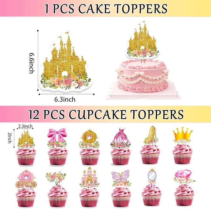 Princess Castle Birthday Party Decorations Set for Girls 3-14 Yrs, with Banner, Backdrop, Balloons, Cake Topper, Cupcake Toppers, Tablecloth, Quick and Easy Setup