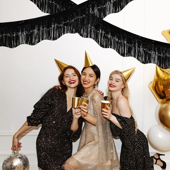 LOLStar Black Foil Fringe Tinsel Garland, Tinsel Streamers Banner, 6 Pack | 60Ft Tinsel Streamers, Shiny Black Wall Hanging Tinsel Fringe Banners for Bachelorette, Halloween, New Year Party Decor