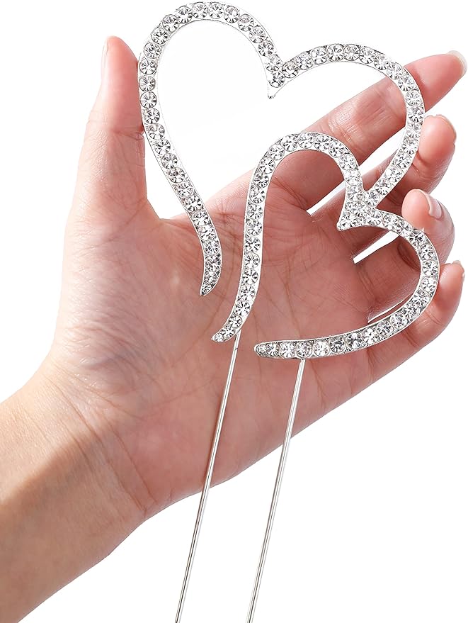 LOVENJOY Gift Boxed Two Hearts One Love Rhinestone Wedding Cake Topper Silver