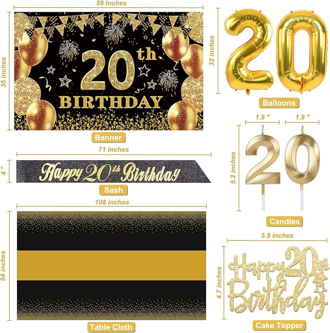20th Birthday Decorations for Him Her with Banner, Black and Gold Table Cloth, Number Balloons, Large 20th Birthday Sash, Cake Topper and Candles