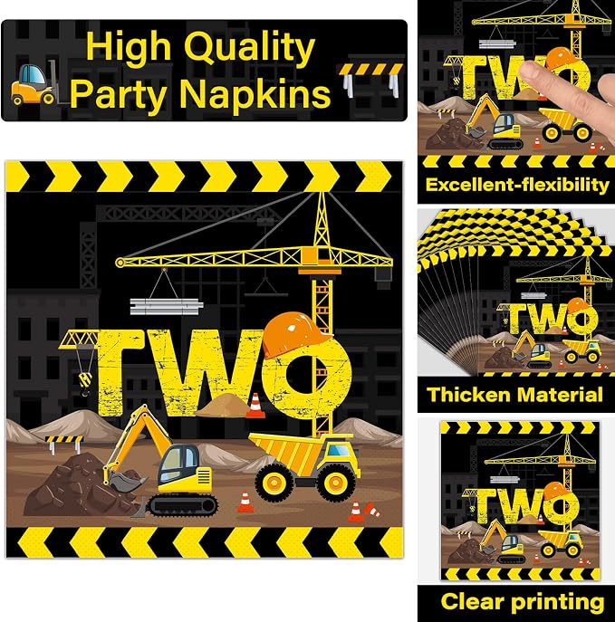 50 Guests Construction Birthday Plates and Napkins Forks Party Supplies Construction Truck Two Party Decorations Disposable Tableware Set Dinnerware Paper for Two Year Old Baby 2nd Birthday, 200PCS