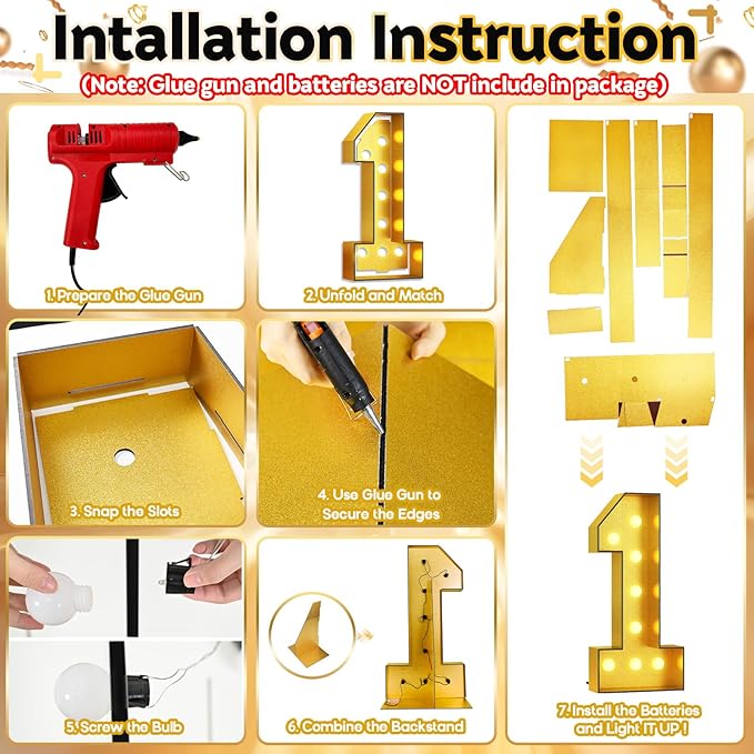 Light Up Number 1, Marquee Light Up Numbers Gold 4FT, Large Led Numbers Lights for First 1st 21st Birthday, 4 Feet Tall DIY Frame Pre-Cut Foam Board Kit for Night Light Party Anniversary Decorations