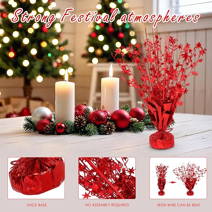8 Pack Metallic Star Spray Centerpieces for Tables - Bulk 12.4" Foil Fountain Table Decorations for Large Events, Graduation 2026, Wedding Reception (Red)