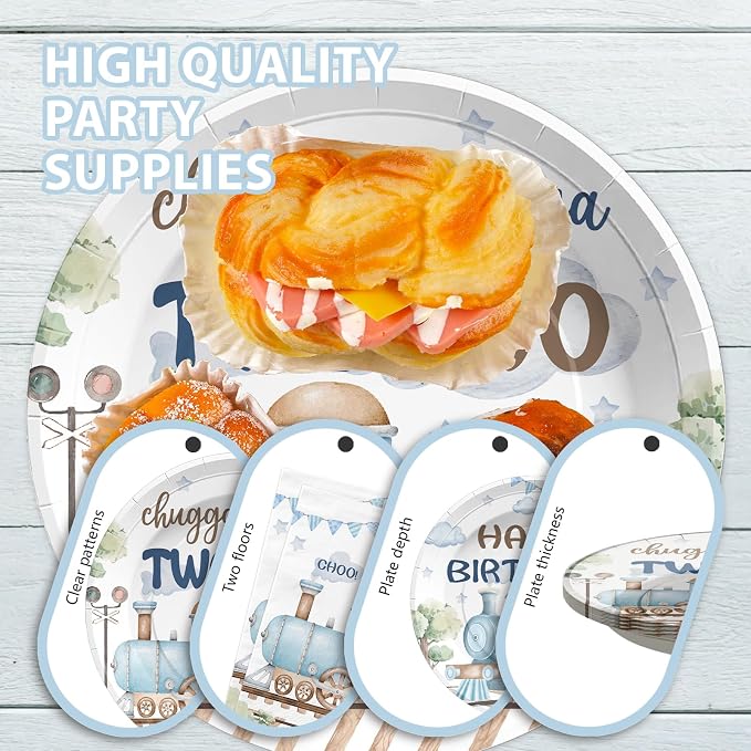 96Pcs Chugga Chugga Two Two Birthday Party Decorations Watercolor Train 2nd Paper Plates Retro Blue Disposable Choo Choo I'm 2 Tableware Set for 2 Year Old Birthday Party Supplies, Serves 24