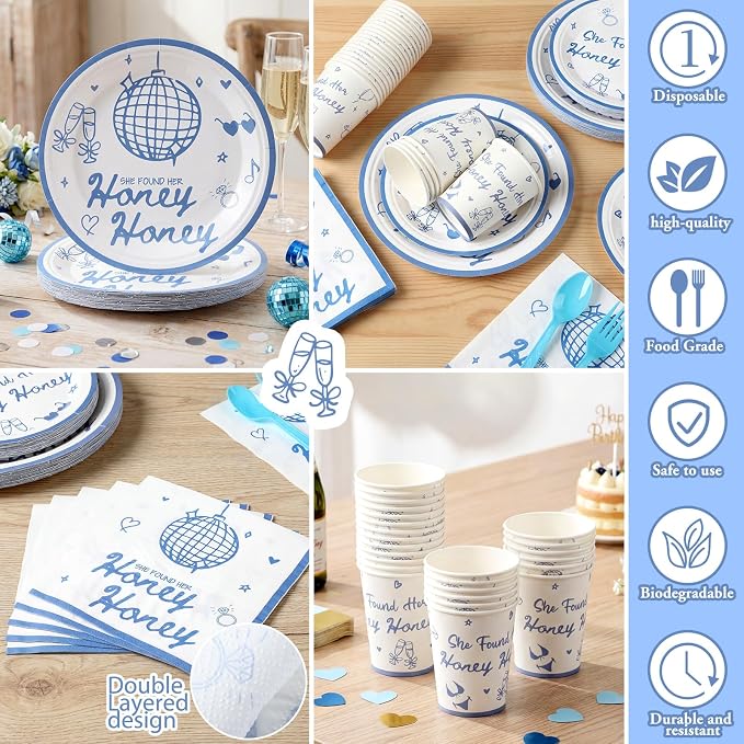 168 Pcs She Found Her Honey Honey Bridal Shower Party Supplies Mamma Mia Bachelorette Party Decoration Last Disco Bachelorette Tableware Set Dancing Queen Disposable Paper Plates Cup for 24