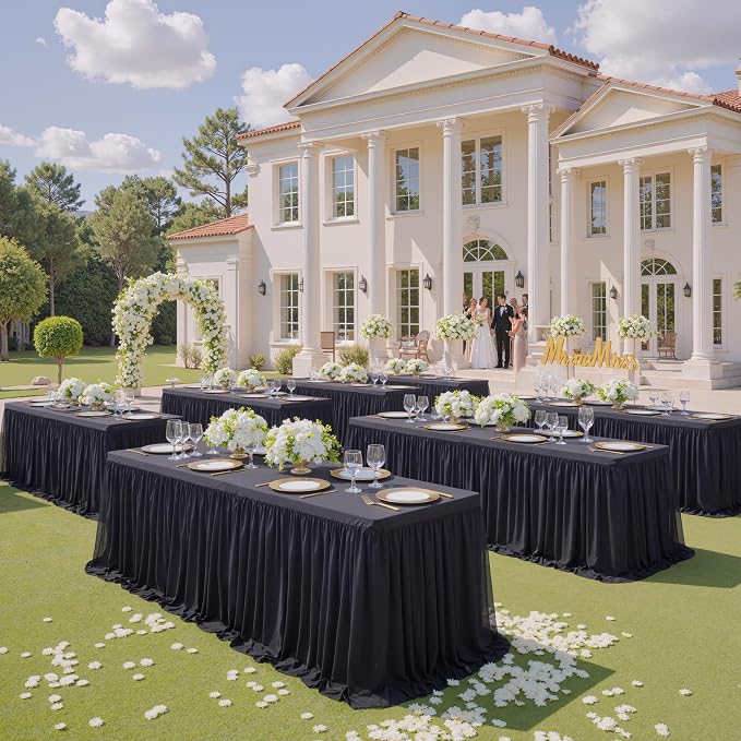 4-Pack Black Tulle Tablecloth for 8 Ft Rectangle Tables – Elastic Spandex Table Cover with Tutu Skirt, Wrinkle Free for Wedding, Birthday Party, Banquet Buffet, Craft fairs