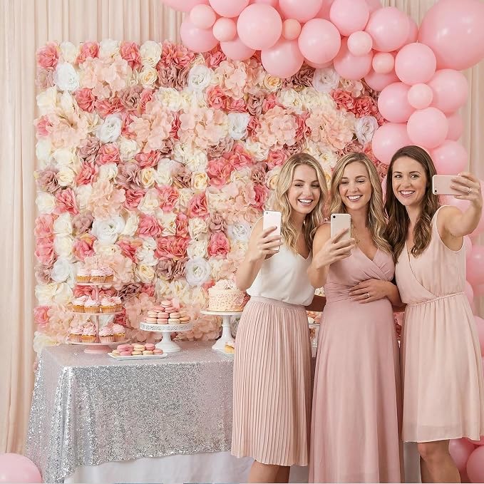 3D Flower Wall Backdrop 6 Pack, 24x16 Inch Blush Pink & Ivory Artificial Rose Panels, Polyester Material for Wedding, Party, Photo Studio, Home & Fence Decor