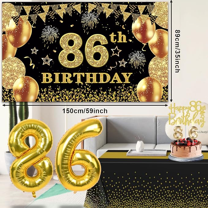 86th Birthday Decorations Men Women with 86th Birthday Banner, Black and Gold Table Cloth, Number Balloons, Sash, Cake Topper and Candles