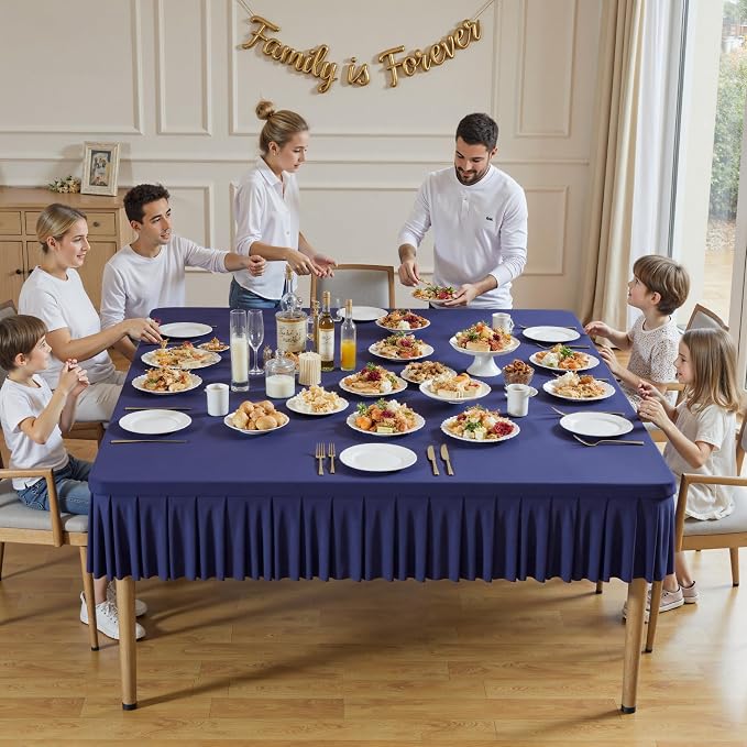 Wish Care Navy Blue Spandex Tablecloths for 60x60 Inch Square Tables, Stretch Fitted Table Clothes with Pleated Ruffle Skirt for 60” Table, Wrinkle Free and Elastic, for Party Kitchen Home Dining