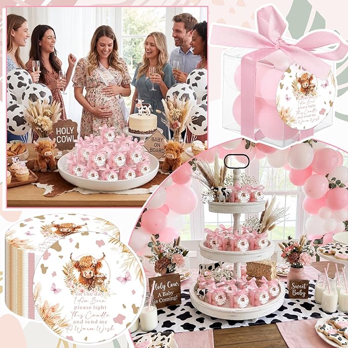 MTLEE 24 Sets Cow Baby Shower Favors Party Candle Small Bubble Candle Baby Shower Favors for Guests Tea Candles Bulk with Stylish Ribbons Cards Gifts(Pink, Cow)
