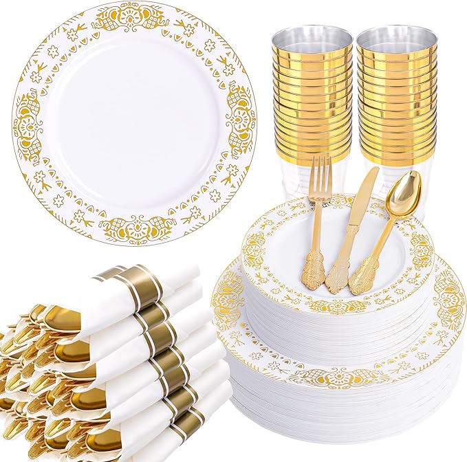 GATHER 350PCS White and Gold Plastic Plates - Gold Disposable Dinnerware Set Include 50 Dinner Plates, 50 Dessert Plates, 150 Gold Plastic Silverware, 50 Napkins, 50 Cups for Wedding & Party
