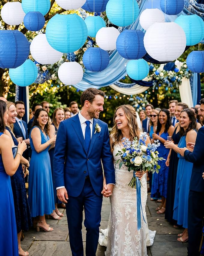 Treela 48 Pcs Paper Lanterns Party Decorations Chinese Round Paper Decor 4/6/8/10 Inch Asian Hanging Lamps Decorative for Birthday Party Wedding Bridal New Year Supplies(Blue,White)