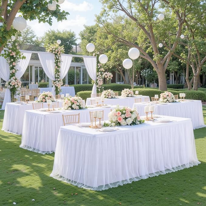 4 Pack White Tulle Tablecloths for 6 Foot Rectangular Tables, 72 x 30 Inch White Rectangle Table Cloth, Wrinkle Free Table Cover with Tutu Skirt for Wedding Birthday Party Banquet Buffet Decorations