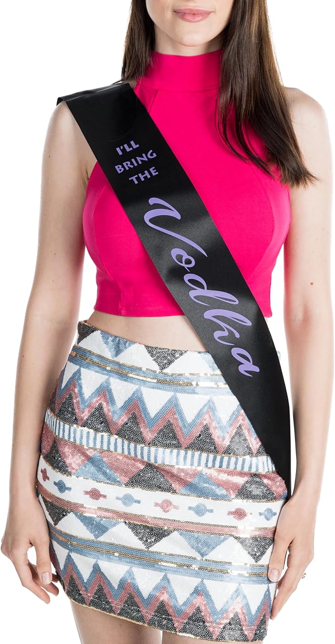 Funky Junque Funny Bride to Be Sash for Bridal/Bachelorette Party, 'I'll Bring The Vodka' Satin Sash (Black/Dark Purple)