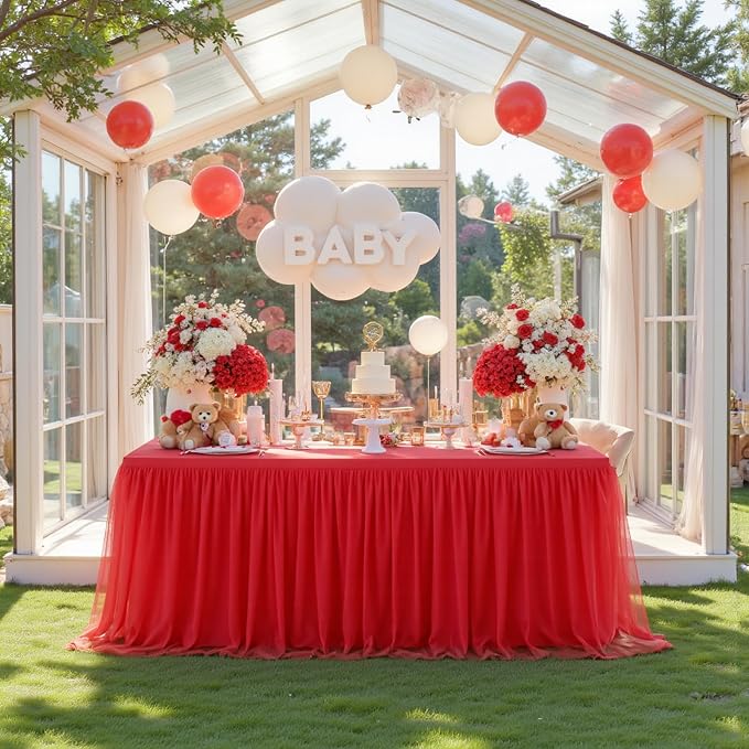 HB HBB MAGIC Red Table Cloths 8 Foot Rectangle Tulle Table Skirt Rectangle Tables 8ft Fitted Spandex Table Covers Stretch Elastic Banquet Wedding Baby Shower Birthday Party Table Cloths