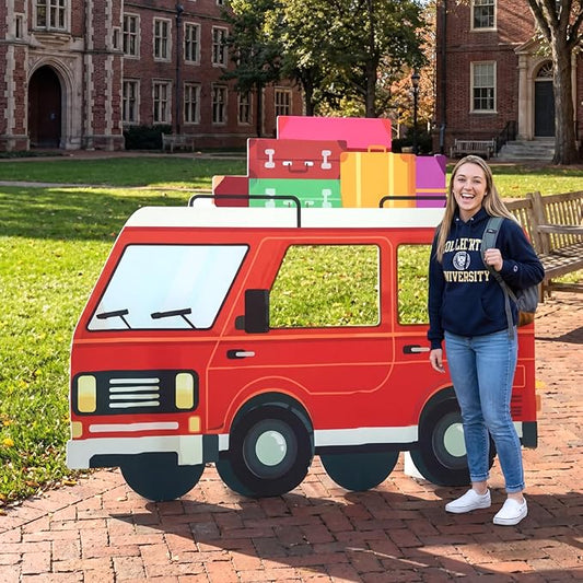 Amyhill 4.7 Feet on the Road VBS Red Van Cardboard Cutout Stand up Life Size Sunday School Backdrop Decor Christian Road Trip Party Decoration Photo Props Standup for Religious Church VBS Party Decor