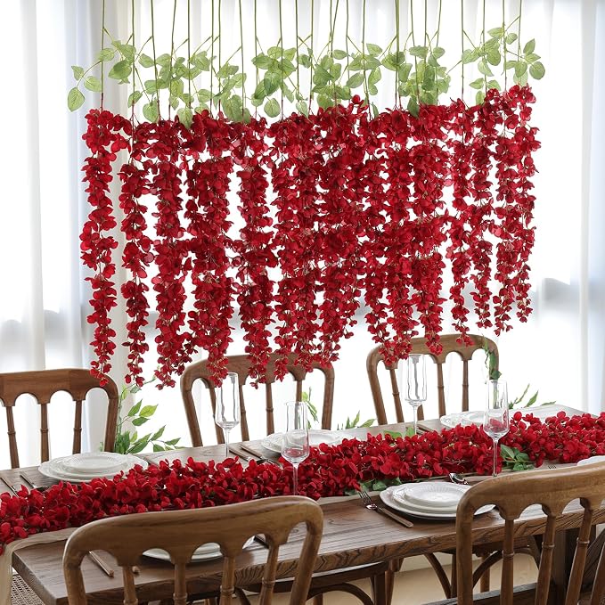 mizii 6Pcs Red Wisteria Hanging Flowers 48" Silk Wisteria Artificial Flowers Garland Vines Fake Hanging Flowers Decoration for Wedding Flower Wall Backdrop Centerpieces Room Decor (Red)