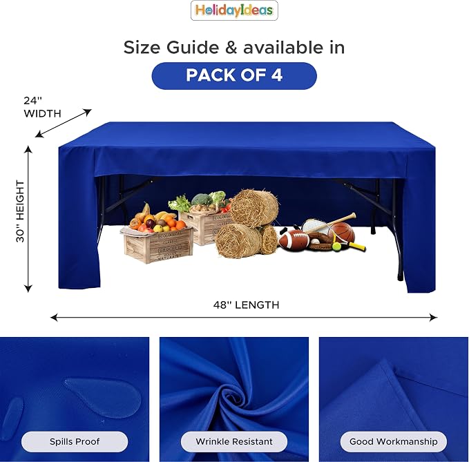 HolidayIdeas 4-Pack 4ft Open Back Fitted Tablecloths for Craft Shows Royal Blue