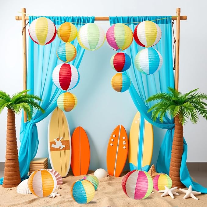 Easy Joy 16PCS Pool Party Decorations, Summer Beach Ball Paper Lanterns, Colorful Luau Themed Round Hanging Decorations, for Home, Office, Room, Outdoor, Birthday, Classroom, Party Supplies