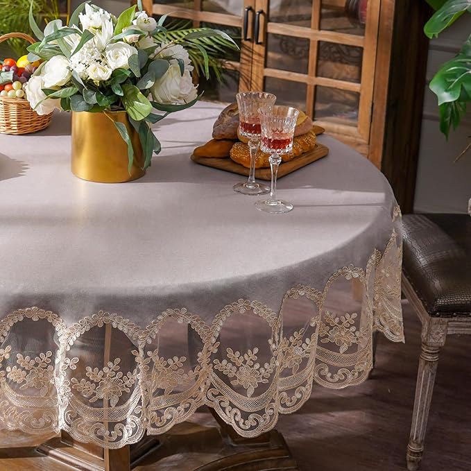 ARTABLE Vinyl Tablecloth Rectangle Waterproof Lace Table Cover with Exquisite Macrame Border for Wedding Kitchen Holidays Party Decor (Champagne, 60 Inch Round)