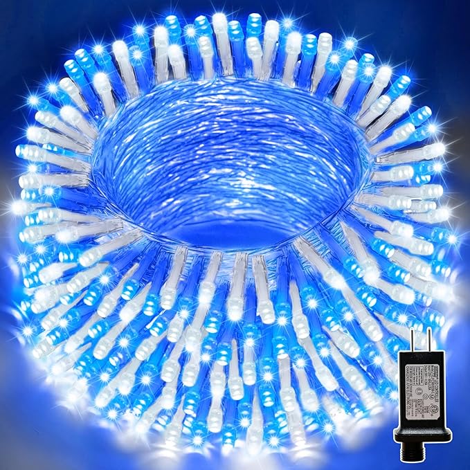LAMPHOME 66FT 200 LED Blue White String Lights, 16 Modes Plug In Mini Fairy Lights, Waterproof Outdoor Christmas Lights for Hanukkah Xmas Tree Garland Bedroom Ocean Party July 4th Patriotic Decoration