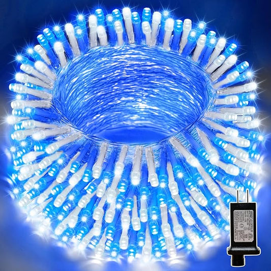 LAMPHOME 66FT 200 LED Blue White String Lights, 16 Modes Plug In Mini Fairy Lights, Waterproof Outdoor Christmas Lights for Hanukkah Xmas Tree Garland Bedroom Ocean Party July 4th Patriotic Decoration