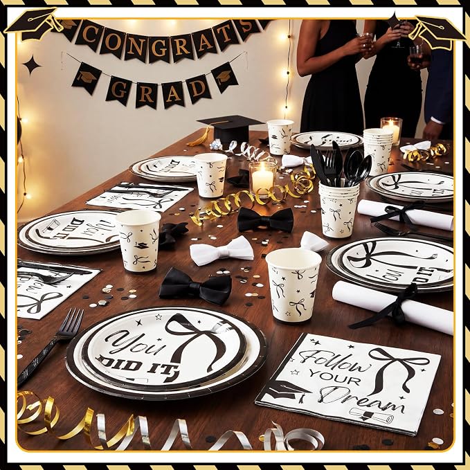 168 Pcs Black Bow 2026 Graduation Party Supplies Black Coquette Congrats Grad Plates and Napkins Class of 2026 Tableware Set Serves 24 Disposable Paper Cups for College Senior High School