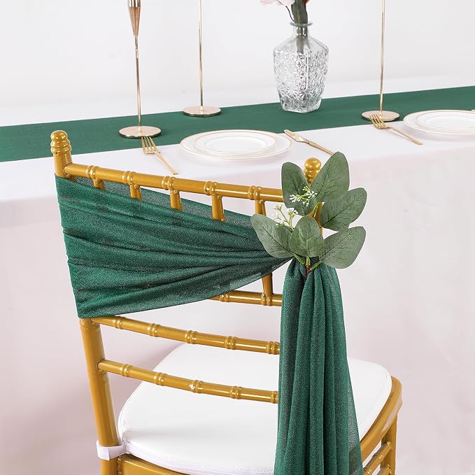 QueenDream Emerald Green Chair Sashes Wedding Aisle Decorations: 24 Packs 8ft Long Draping Fabric Sheer Church Chair Cover Bulk for Party Banquet