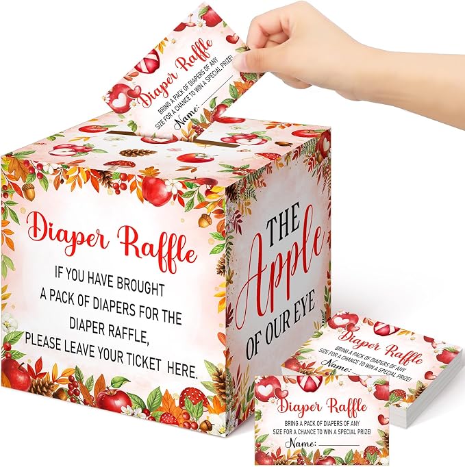 Teling 51 Pieces Diaper Raffle Tickets with Card Box Baby Shower Decorations Gender Reveal Holder Box for Girl Boy Diaper Raffle Party(Apple of Our Eye Style)