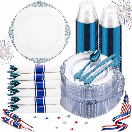 Hioasis 175pcs Clear and Blue Plates - Blue Party Plates for 25 Guest, Include 50 Heavy-duty Plates(20% Thicker Than Standard), 25 Pre Rolled Gold Plastic Silverware Set, 25 Cups for 4th ofJuly