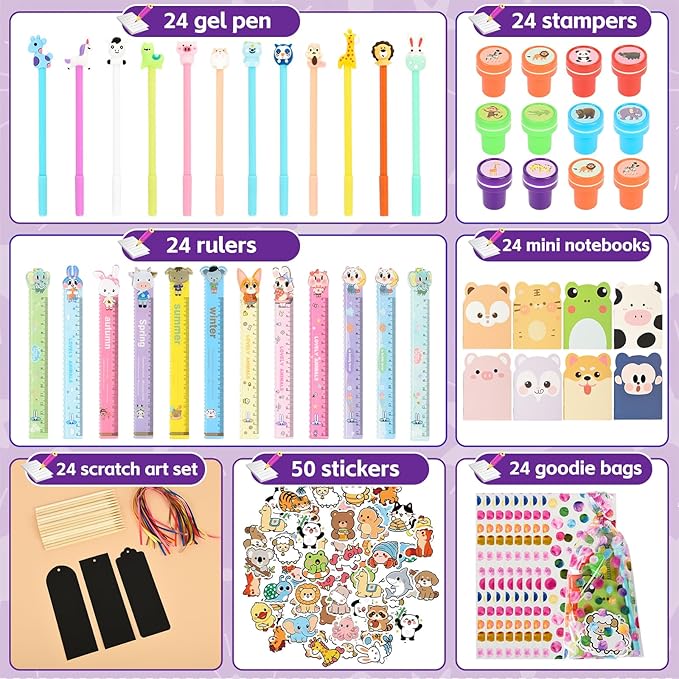 24 pack Cute Stationery Classroom Rewards, With Pencils Rulers Erasers Sticky Notes For Birthday Gifts Goodie Bags Classroom games Rewards School Office Supplies.