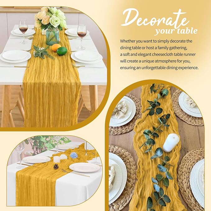 6 Pack Cheesecloth Table Runner Gold 10Ft Rustic Boho Gauze Table Runner Romantic Long Sheer Fabric Cheesecloth Table Runner for Wedding Festival Birthday Anniversary Dinner Outdoor Events
