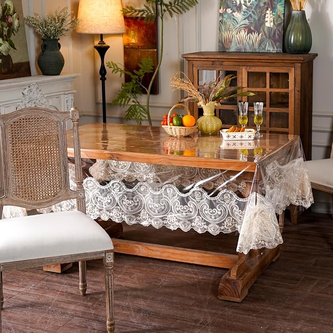 ARTABLE Vinyl PVC Rectangle Tablecloth Waterproof Clear Table Cover with Champagne Lace Macrame Border for Wedding Kitchen Home Outdoor Indoor Holidays Party Decor (Beige, 60 x 120 Inch)