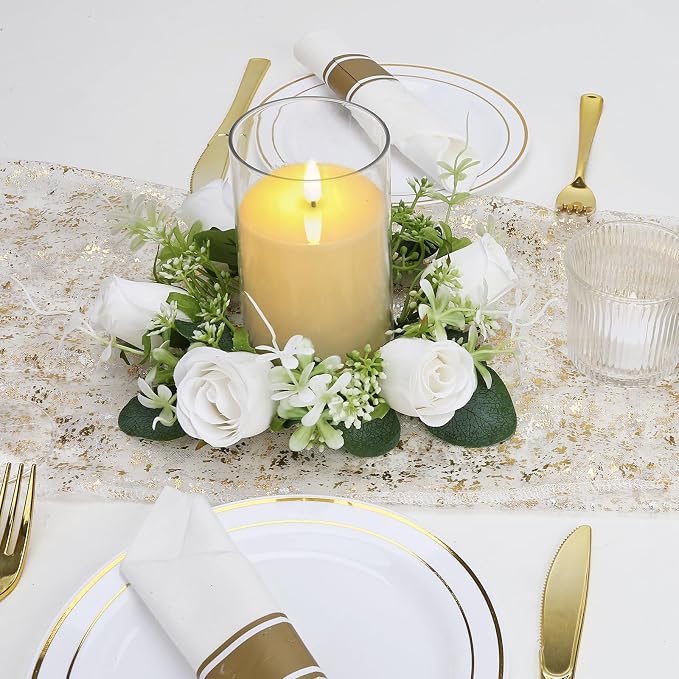 12 PCS Artificial Roses Rings - 3 Inch Roses Flower Wreaths with LED Candles Eucalyptus Pillar Holder Wreath for Wedding Table Centerpiece Home Decorations, White, 6 Sets
