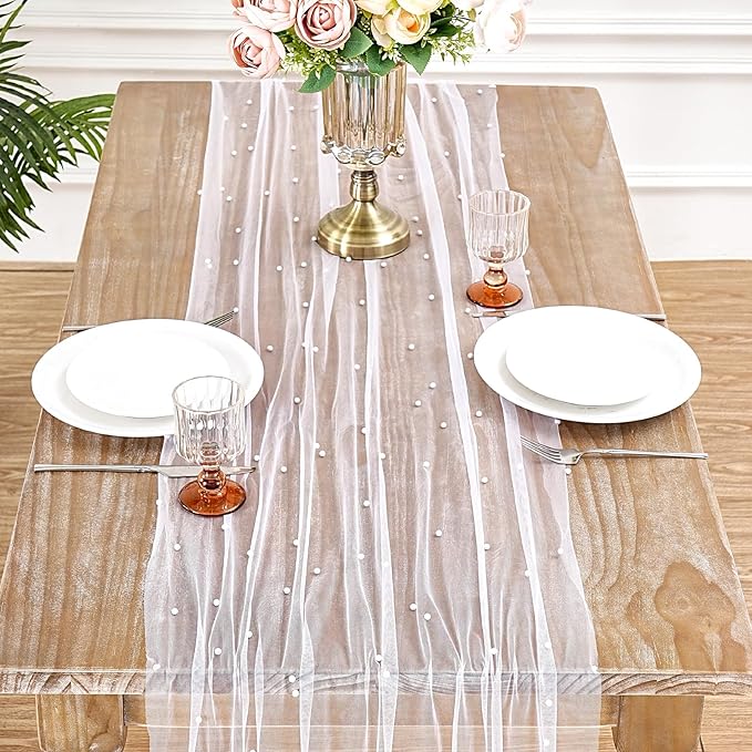 Pearl Gauze Table Runner Sheer Tulle Fabric Set of 6 White Lace Table Runners 29x120 Inch Boho Rustic Desk Centerpieces for Bridal Shower Birthday Party Wedding Arch Aisle Veil Dessert Table Decor