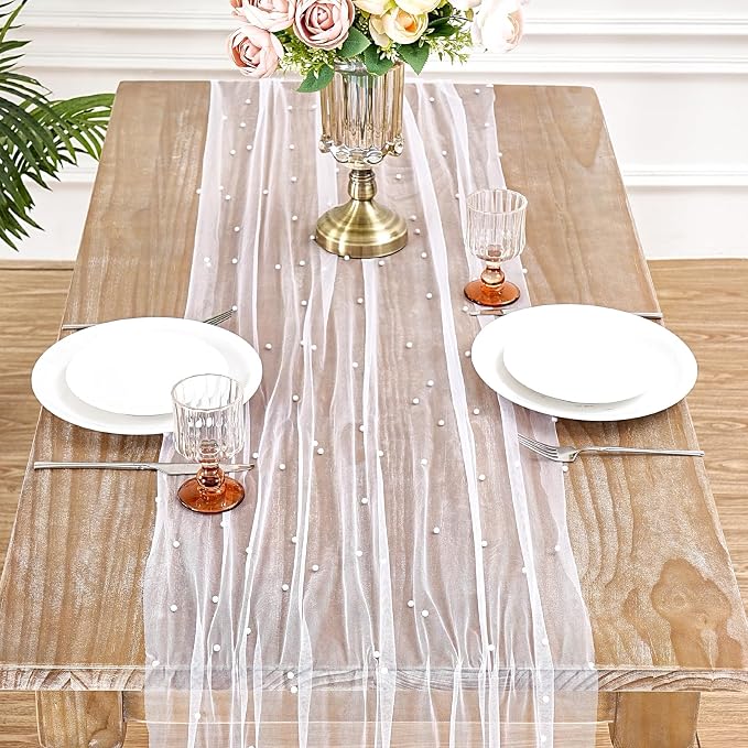 White Pearl Table Runner Tulle: 10ft Pearl Kitchen Linen 3pcs 29x120 Inch Sheer Gauze Fabric for Wedding Decor Birthday Party Dining Table Cover