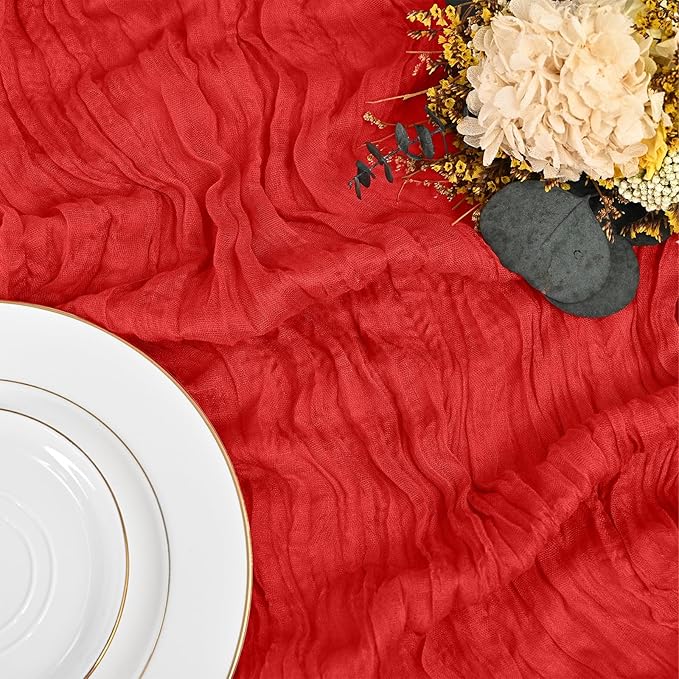 24 Pack Red Table Runner 10Ft Cheesecloth Table Runner Rustic Gauze Table Runners Romantic Long Sheer Fabric Cheese Cloth Table Runners for Wedding Party Bridal Baby Shower