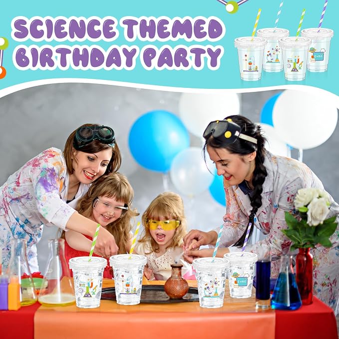 FoldTier 50 Pcs Science Cups 12 oz Disposable Plastic Cups with Straws and Lids Science Clear mug Birthday mugs Supplies Birthday Table Decorations Party Favor