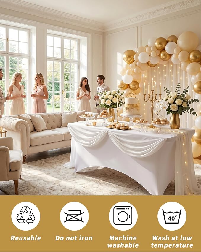Fixwal 6 Pack White Tablecloth Rectangle 8Ft, Stretch Spandex Fitted Table Cover for Party, Trade Show, Wedding, Buffet, Graduation, Vendor Stand