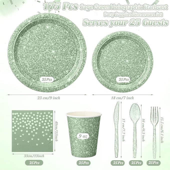 Hushee 175 Pcs 25 Guests Sage Green Paper Party Plates and Cups Napkins Sets Holographic Glitter Disposable Dinnerware Plastic Forks Knives Spoons Birthday Bachelorette Wedding Party Supplies
