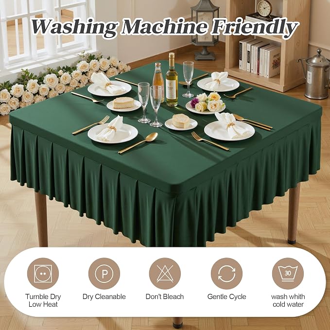 Wish Care Hunter Green Spandex Tablecloths for 34x34 Inch Square Tables, Stretch Fitted Table Clothes with Pleated Ruffle Skirt for 34” Table, Wrinkle Free and Elastic, for Party Kitchen Home Dining