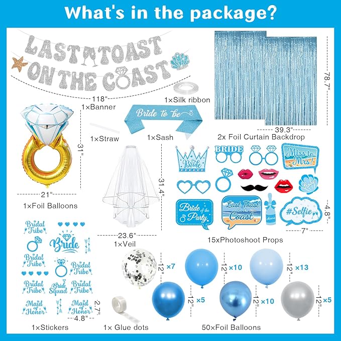 Last Toast on The Coast Bachelorette Decorations, Blue and Silver Bachelorette Party Favors Include Last Toast on The Coast Banner, Bachelorette Temporary Tattoos, Bride Balloons Bachelorette Decor