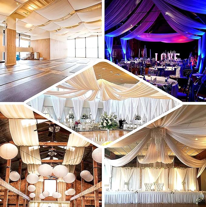 60ftx40ft White Ceiling Curtain for Wedding Parties – 12 Panels Wrinkle-Free 40 FT Long Tent Draping Curtains for Wedding, Birthday & Theme Parties, 40ft Height with Rod Pocket