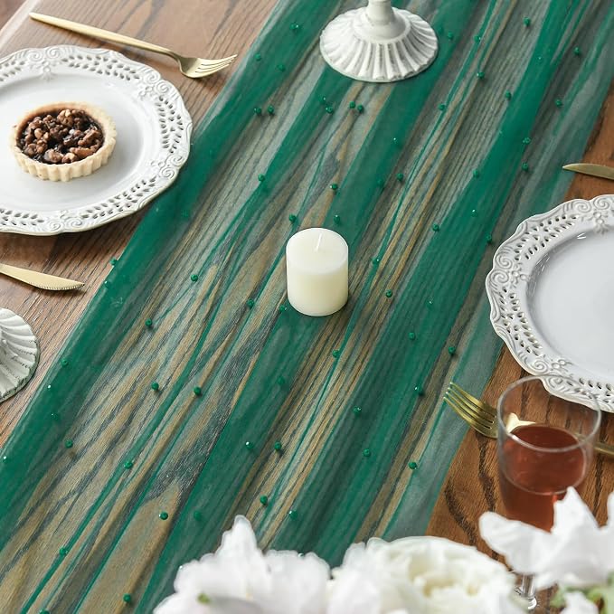 Artoid Mode 6PCS Pearl Dark Green Gauze Table Runner 120 Inch 10FT, Seasonal Sheer Dining Holiday Wedding Birthday Baby Shower Table Decor for Home Party