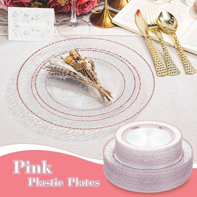 HOMIP 60PCS Clear Plastic Plates with Rose Gold Stone Texture rim - Disposable Party Crystal Plates Include 30PCS 10" Dinner Plate & 30PCS 7" Dessert Plate Perfect for Wedding & Party