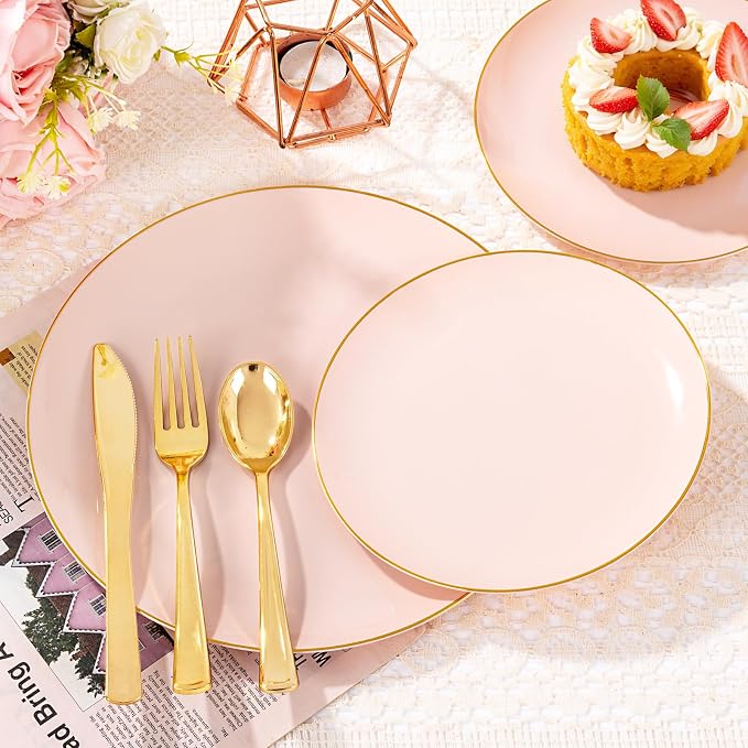 YOUBET 125PCS Pink Plastic Plates - Pink Disposable Plates With Gold Rim - Pinks and Gold Plates Include 25 Dinner Plates, 25 Dessert Plate, 75 Cutlery for Party Wedding Birthday