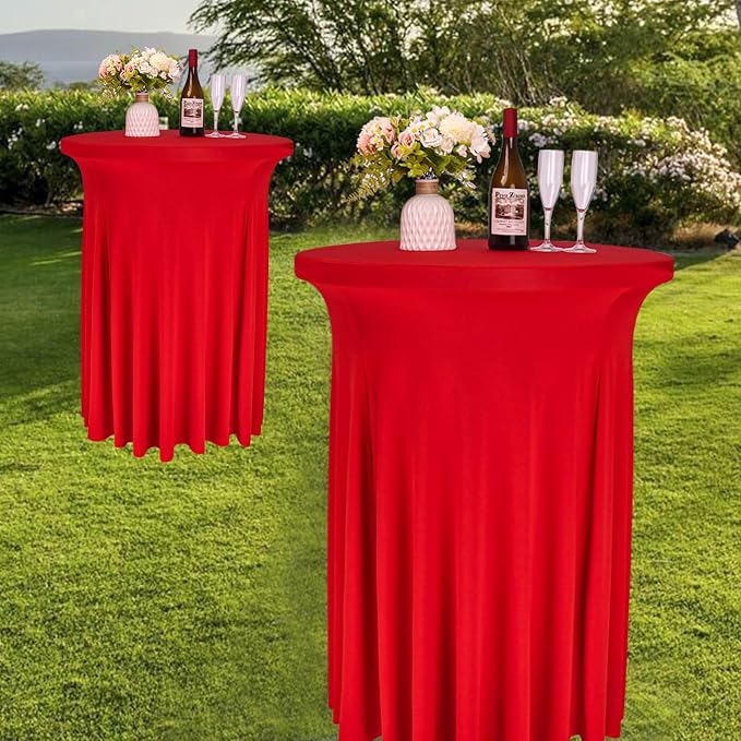 Fivenl 6 Pack Round Cocktail Tablecloth 32"x 43" Spandex Cocktail Table Skirt, Washable Stretch Fitted Table Covers for High Top Bar,Wedding,Party,Events (Red)